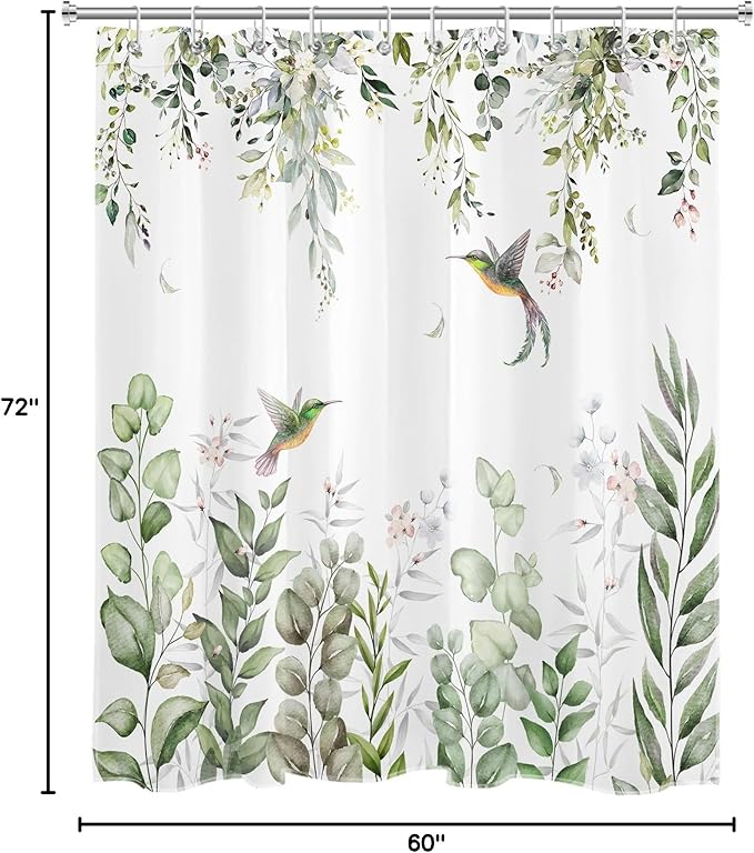 HVEST Sage Green Eucalyptus Shower Curtain for Bathroom, Spring Green Leaf and Pink Floral Hummingbird on White Shower Curtain with Hooks Nature Plant Bathroom Curtains Shower Set, 72L X 60W inches