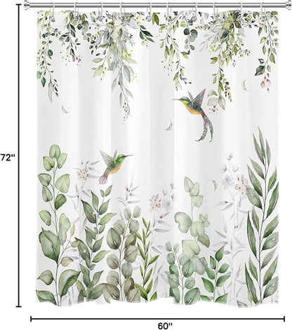 HVEST Sage Green Eucalyptus Shower Curtain for Bathroom, Spring Green Leaf and Pink Floral Hummingbird on White Shower Curtain with Hooks Nature Plant Bathroom Curtains Shower Set, 72L X 60W inches