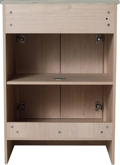 SSLine 24-Inch Bathroom Vanity with Sink Mid-Century Bathroom Vanities with Black Top Basin Floor Wood Bathroom Sink Cabinet with Soft-Close Doors & Adjustable Storage Shelves (Light Oak)
