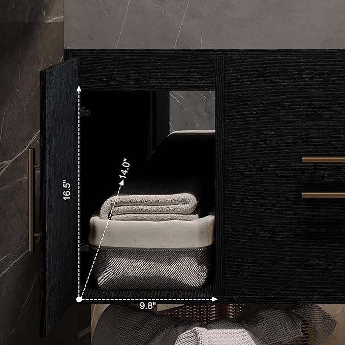 40 inch Modern Floating Bathroom Vanity with Sink, Wall Mounted Bathroom Cabinet with Ceramic Sink, Grey Sintered Stone Countertop, 2 Soft Closing Drawers & 2 Storage Cabinet, Gold Handle, Black