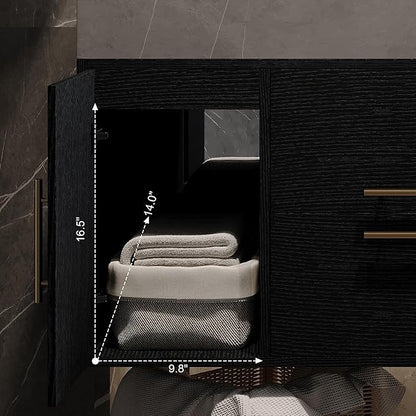 40 inch Modern Floating Bathroom Vanity with Sink, Wall Mounted Bathroom Cabinet with Ceramic Sink, Grey Sintered Stone Countertop, 2 Soft Closing Drawers & 2 Storage Cabinet, Gold Handle, Black