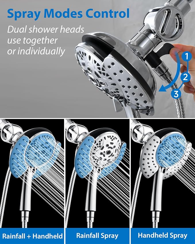 INAVAMZ 2 in 1 Shower Head with Handheld Combo High Pressure Chrome 2.5 GPM | 7.2" Rain Showerhead and 10 Spray Hand Held Shower, Adjustable Shower Angle, 59-inch Rotatable Stainless Steel Hose