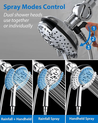 INAVAMZ 2 in 1 Shower Head with Handheld Combo High Pressure Chrome 2.5 GPM | 7.2" Rain Showerhead and 10 Spray Hand Held Shower, Adjustable Shower Angle, 59-inch Rotatable Stainless Steel Hose
