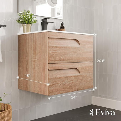 Eviva Joy 24 in. Maple Wall MountSingle Sink Bath Vanity with Porcelain Top and Integrated Sink