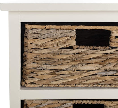 SAFAVIEH Home Collection – Connery Distressed Vintage White Storage Cabinet with Rattan Baskets & Bottom Door, Farmhouse Accent Storage, Fully Assembled (AMH5742B)