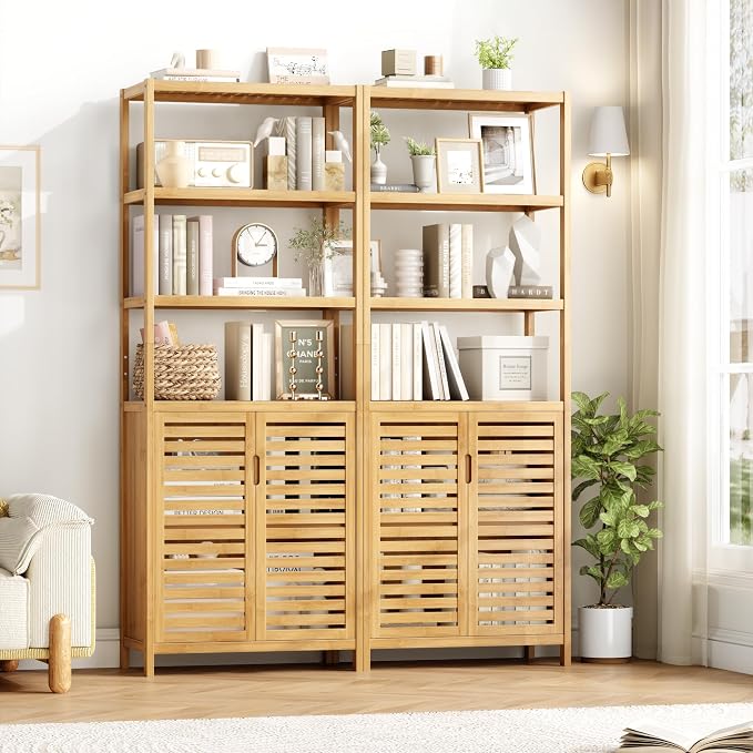 66" Tall Bathroom Storage Cabinet, Natural Bamboo Cabinet, for Narrow | Bathroom Floor Cabinet with 2 Doors & 4-Tier Open Shelves, Corner Freestanding Organizer Unit for Bath, Living Room, Entryway