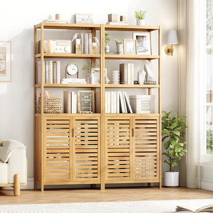 66" Tall Bathroom Storage Cabinet, Natural Bamboo Cabinet, for Narrow | Bathroom Floor Cabinet with 2 Doors & 4-Tier Open Shelves, Corner Freestanding Organizer Unit for Bath, Living Room, Entryway