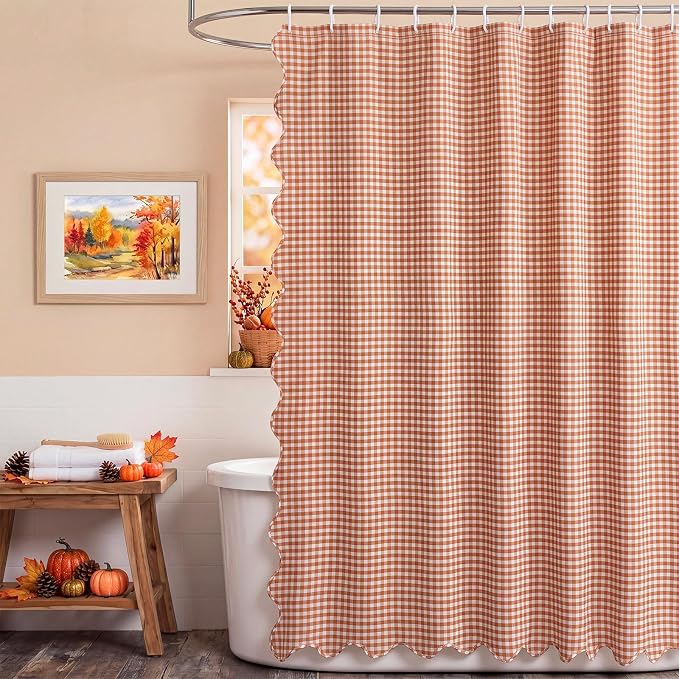 HunnmingRe Pink Ruffled Gingham Shower Curtain 72 x 72 Inch | Cotton Vintage Farmhouse Rural Plaid Shower Curtain with 12 Hooks, Bathroom Bathtubs Decor