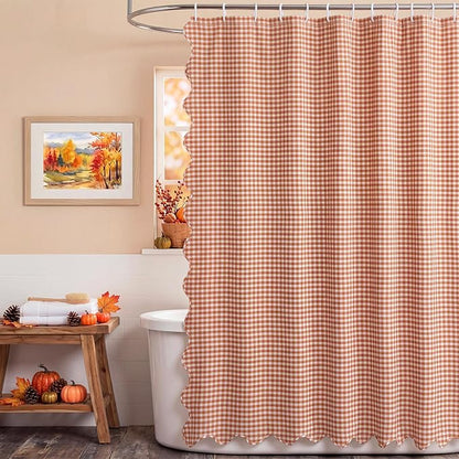 HunnmingRe Pink Ruffled Gingham Shower Curtain 72 x 72 Inch | Cotton Vintage Farmhouse Rural Plaid Shower Curtain with 12 Hooks, Bathroom Bathtubs Decor