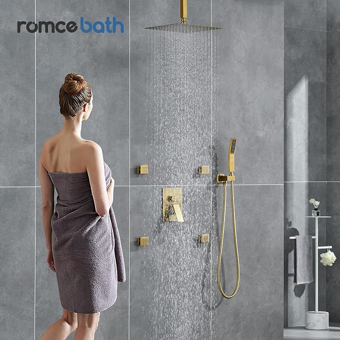 Rain Shower System With Complete 4 Pcs Body Sprays Jets And Pressured Balance Rough-in Valve,12Inch Rainfall Shower Head And Handheld, Modern Brushed Gold Ceiling Mount Shower Faucet Sets