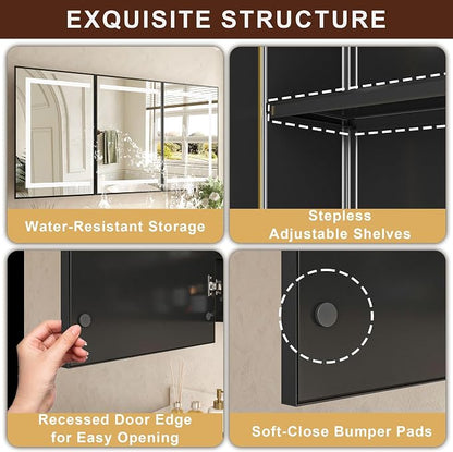 48 x 32 Inch LED Medicine Cabinet with Mirror, Recessed or Surface Mount, Soft Close Hinges, Adjustable Shelves, Black
