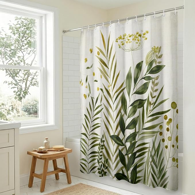 Americanflat 71x74 Botanical Shower Curtain - Water-Resistant Long Shower Curtain with Durable Metal Grommets and 12 Hooks - 100% Polyester - Ivory, Muted Yellow and Green Bathroom Curtains