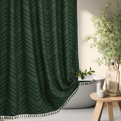 Siiluminisoy Boho Extra Long Dark Green Shower Curtain with Tassel, Woven Fabric Shower Curtain, Tufted Chevron Striped, 72 x 78, Modern Chic Textured Minimalist Bathroom Shower Curtains