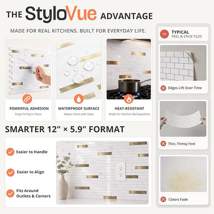StyloVue 20 Sheets Peel and Stick Backsplash for Kitchen, Sparkle White Marble Look with Gold Metal, Glossy Finish, Stick on Tile for Kitchen Backsplash, RV, Fireplace
