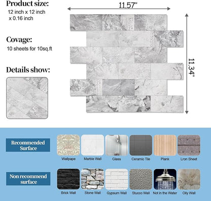 2026 New Upgrade Peel and Stick Backsplash Tile, Peel and Stick 11.34" X 11.57" Wall Tile for Kitchen, Bathroom, Fireplace, Laundry (Gray Stone, 10 Packs)