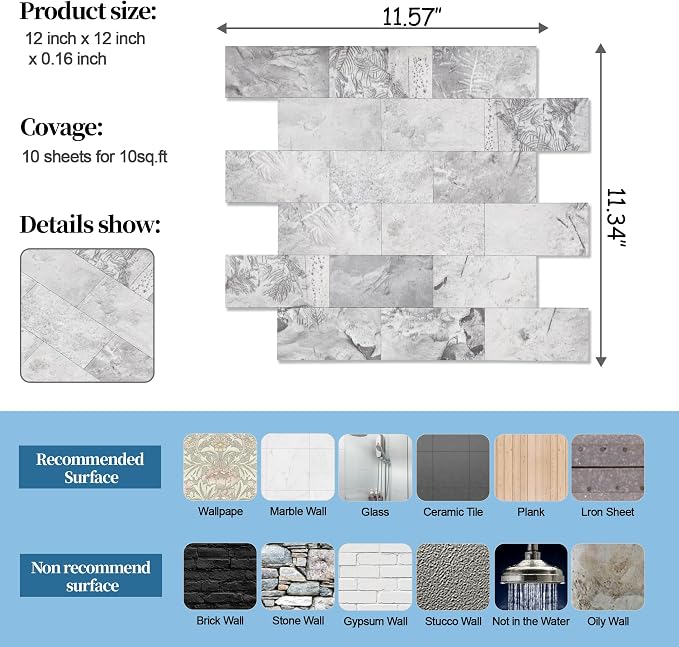 2026 New Upgrade Peel and Stick Backsplash Tile, Peel and Stick Wall Tile for Kitchen, Bathroom, Fireplace, Laundry (Gray Stone, 20 Packs)