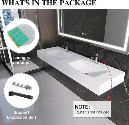 Wall Mount Double Bathroom Sink 59"L x 18"W x 5"H, Resin Stone Floating Sink with Facuet Holes, Rectangle Countertop Freestanding Vessel Sinks (Double Holes 59'')