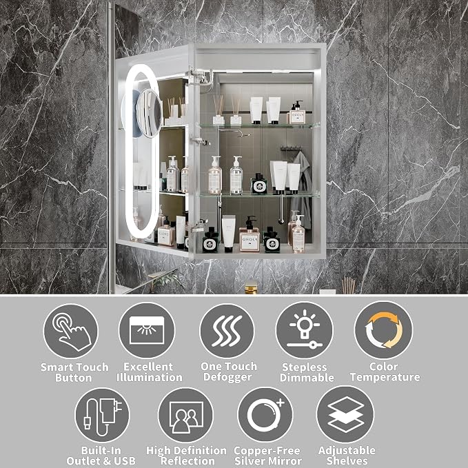 32x20 Lighted Medicine Cabinet with Mirror & Magnifier, LED Medicine Cabinet Mirror for Bathroom, Color Temp, Defogger, Front&Backlit, Built-in Outlets, Dimmable, Soft Close DTC Hinges, Left Opening