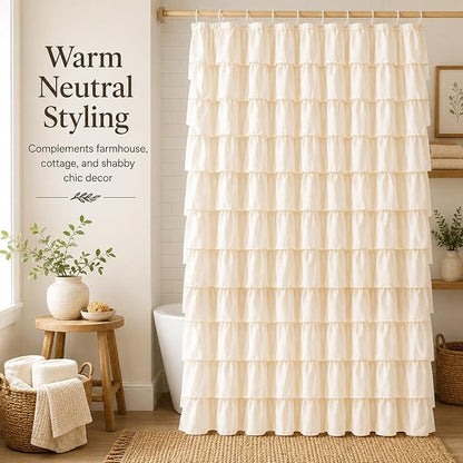 Beige Ruffle Shower Curtain for Bathroom, 72x84 inch, Elegant Ruffled Panel | Ruched Fabric Texture, Cascading Waterfall Ruffles, Extra-Long 72 X 84, 12 Hooks Included, Machine Washable, Opaque Rustic