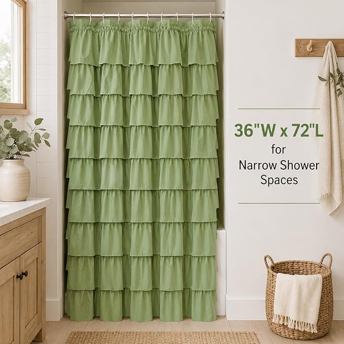 Green Ruffle Shower Curtain for Bathroom, 36x72 inch, 1 Panel, 6ft | Elegant Ruffled Drape, Cottagecore Bathroom Style, Shabby Chic Ruffles, 36 x 72, 12 Hooks Included, Machine Washable, Cloth