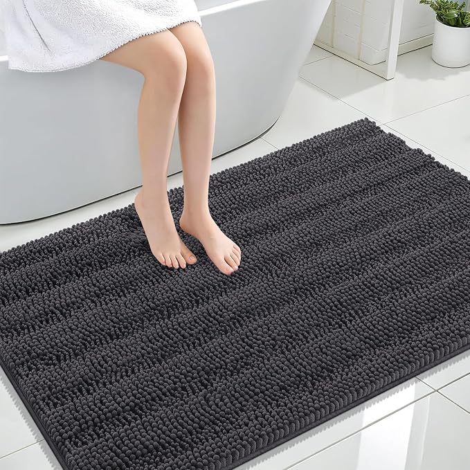 OLANLY Thick Large Bathroom Rugs 47x32, Soft Chenille Bath Rugs, Dark Grey | Absorbent Striped, Rubber Backing, Machine Wash Dry, Bath Mats for Bathroom Floor, Tub and Shower, Home Decor Accessories