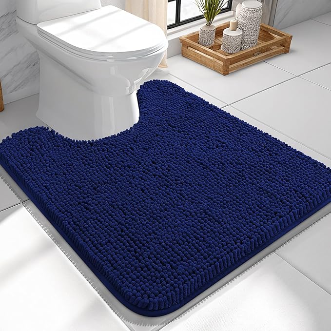 OLANLY Toilet Rugs U-Shaped 24x24, Soft Absorbent Chenille Contour Rugs | Navy, Quick-Drying Rubber Backing, Machine Washable Non-Slip Shaggy Bathroom Mat for Toilet, Home Decor Accessories