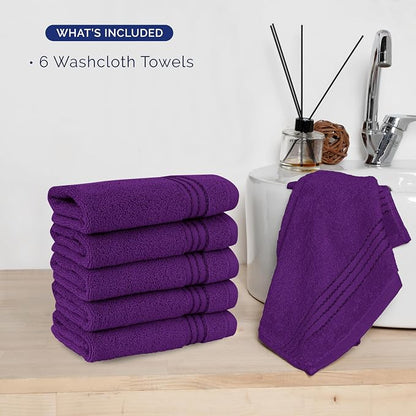 Elegant Comfort Premium Turkish Cotton 6 Pack Washcloths Set - 13 x 13 inch, Luxurious Hotel Spa Quality 100% Turkish Cotton 6PC Washcloth Set - Highly Absorbent - Soft Bathroom Towels, Purple