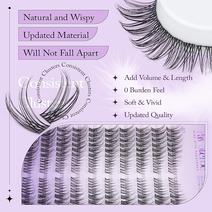 Wispy Lash Clusters Kit Cat Eye Lash Extension Kit 180pcs Natural Individual Lashes Left Right Cluster Eyelash Extensions Kit with Lash Bond and Seal, Lash Tweezers for Self Application