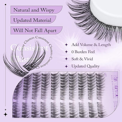 Wispy Lash Clusters Kit Cat Eye Lash Extension Kit 180pcs Natural Individual Lashes Left Right Cluster Eyelash Extensions Kit with Lash Bond and Seal, Lash Tweezers for Self Application