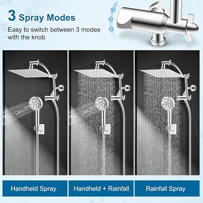 Hibbent All Metal 8" High Pressure Rain Shower Head Combo, Chrome | cUPC Certified Rainfall Shower Head with handheld 10 Sprays, 16'' Adjustable Extension Arm, 71'' Hose, Showerhead Holder