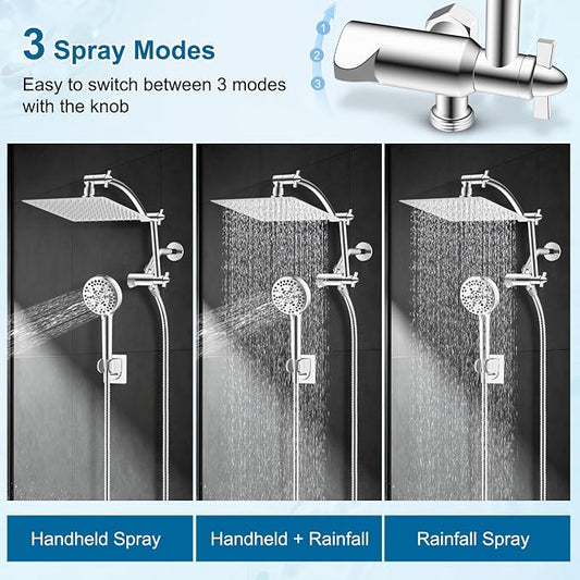 Hibbent All Metal 8" High Pressure Rain Shower Head Combo, Chrome | cUPC Certified Rainfall Shower Head with handheld 10 Sprays, 16'' Adjustable Extension Arm, 71'' Hose, Showerhead Holder