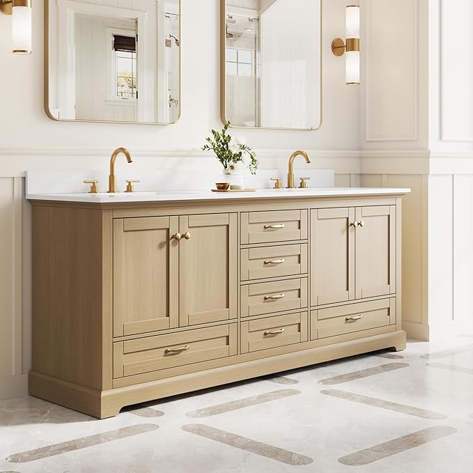 WELLFOR 80" Bathroom Vanity with Double Sinks, Bathroom Freestanding Vanity W/4 Soft-Close Doors and 6 Drawers, Large Storage Space Vanity, Cultured Marble Countertop (Oak)