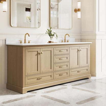 WELLFOR 80" Bathroom Vanity with Double Sinks, Bathroom Freestanding Vanity W/4 Soft-Close Doors and 6 Drawers, Large Storage Space Vanity, Cultured Marble Countertop (Oak)