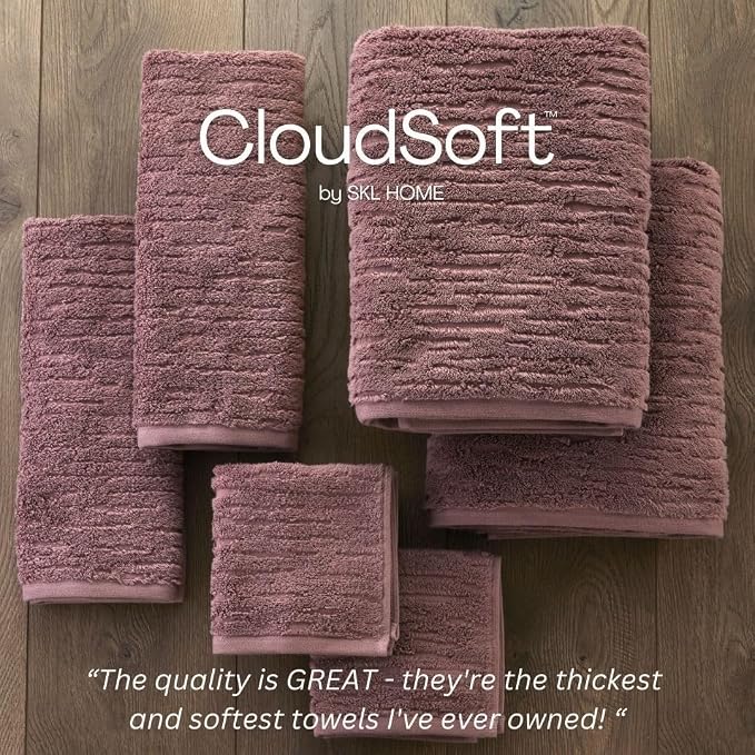 SKL Home CloudSoft Bath Towel Set, 6-Piece, 100% Cotton Luxury, Soft Plum | 2 Bath towels, 2 hand towels, 2 washcloths. Premium spa-level quality. 600/520 GSM weight. Ultra plush & absorbent.