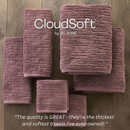 SKL Home CloudSoft Bath Towel Set, 6-Piece, 100% Cotton Luxury, Soft Plum | 2 Bath towels, 2 hand towels, 2 washcloths. Premium spa-level quality. 600/520 GSM weight. Ultra plush & absorbent.