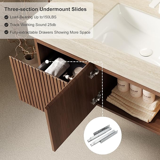 48" Floating Bathroom Vanity with Sink, Bathroom Stroage Vanities with Drawer and 2 Doors, Roma Travertine-Pattern Countertop and 3 Pre-drilled Faucet Holes Ceramic Basin, Pre-Assembled, Dark Oak