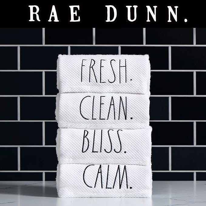 Rae Dunn Hand Towels, Embroidered Decorative Hand Towel for Kitchen and Bathroom, 100% Cotton, White- Fresh/Clean/Calm/Bliss, 16"x 28"