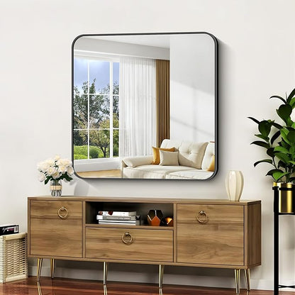 Bathroom Mirror, 39x39 inch Black Square Wall Mirror, Metal Frame Rounded Corner Vanity Mirror, Large Wall Mounted Mirror for Modern Bedroom Living Room Horizontal Or Vertical Mounting