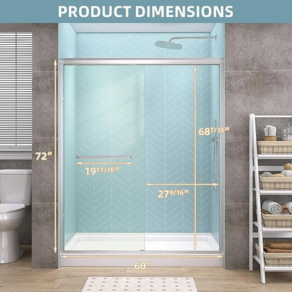 GETPRO Semi-Frameless Shower Door Double Sliding 56-60 in. W x 72 in. H Bypasss Bathroom Glass Shower Sliding Doors,1/4 inch Clear Tempered Glass Door for Walk-in Shower Brushed Nickel