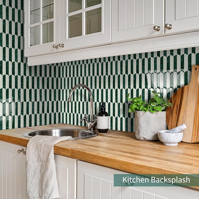 10-Sheet Upgraded Thicker Peel and Stick Kitchen Backsplash Tiles,Waterproof Self-Adhesive Vinyl Wall Tile Stick on Backsplash for Kitchen,Bathroom,Fireplace and RV(Green,12"×12")