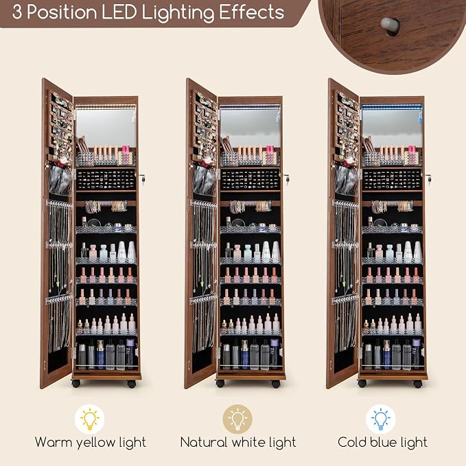 GOFLAME Jewelry Cabinet with Full Length Mirror, Lockable Jewelry Storage Organizer with Wheels, 3-Color LED Lights, Inner Mirror, Freestanding Jewelry Armoire with Rear Storage Shelves, Walnut