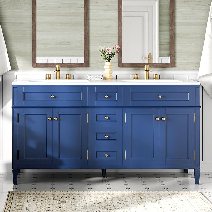 AMERLIFE 60" Bathroom Vanity with Double Sink, Modern Solid Wood Vanity Cabinet, 30-Minute Easy Assembly, 3 Storage Drawers & Adjustable Shelves, Navy Blue