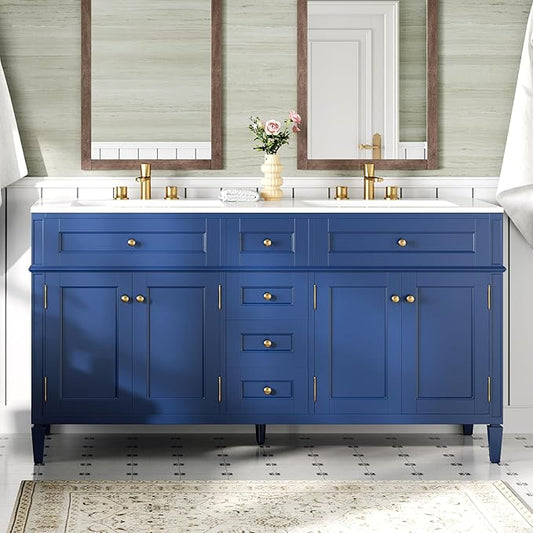 AMERLIFE 60" Bathroom Vanity with Double Sink, Modern Solid Wood Vanity Cabinet, 30-Minute Easy Assembly, 3 Storage Drawers & Adjustable Shelves, Navy Blue
