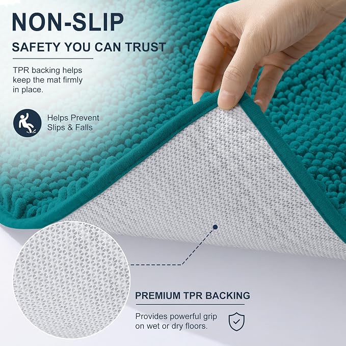 Smiry Thick Chenille Bathroom Rugs 36x24, Absorbent Bath Mat, Deep Lake | Quick‑Dry & Machine Washable, Non‑Slip Bath Carpet, Soft Striped Bath Rugs for Tub & Shower, Modern Home Decor Accessories