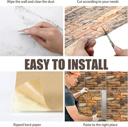 30 Pcs 3D Wall Panels Peel and Stick Wallpaper Foam, Rustic Brown | Faux Brick Stone Tiles, Covering 28.8-48.4 Sq ft, Self Adhesive Waterproof Panels for Bedroom Living Room Kitchen Walls