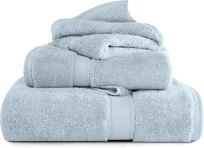 SUPERIOR Egyptian Cotton Ultra Plush & Absorbent, 3 Piece Set, Light Blue | Quick Dry, Soft Luxury Towel Set, Bath Essentials, Guest Bath, Spa, 1 Bath, 1 Hand, 1 Face Towels, Madeline Towels