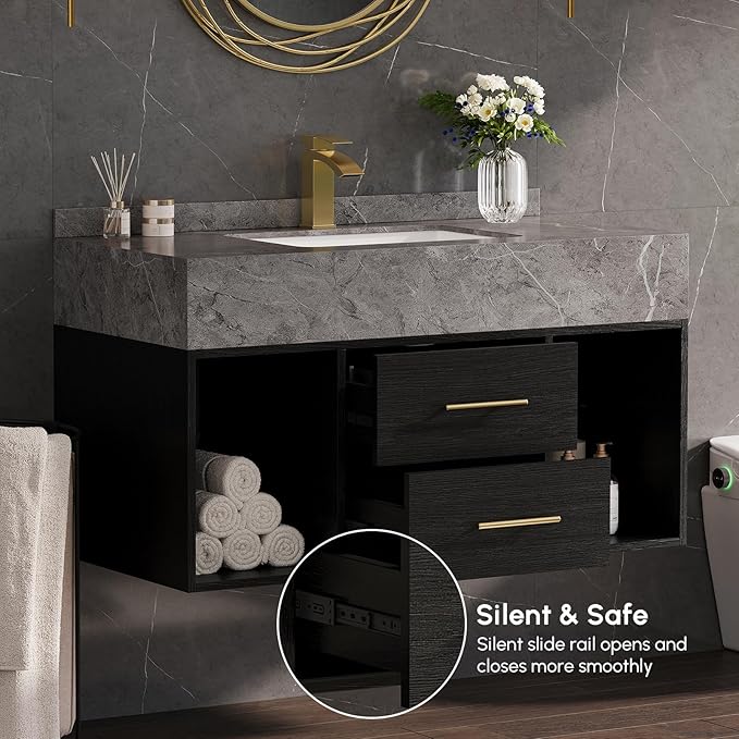 KunMai 39.4" Black Floating Bathroom Vanity with Sink – Modern Wall Mounted Bathroom Cabinet with Sintered Stone Countertop, Soft-Close Drawers, Space-Saving Vanity for Small Bathrooms
