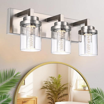 MELUCEE 3 Light Modern LED Bathroom Vanity Light Bar Brushed Nickel | Bubble Crystal Vanity Lights Over Mirror Bath Wall Light Fixture with Clear Glass Shade,5CCT Adjustable
