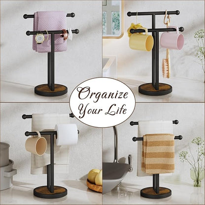 YINMIT Hand Towel Stand with Heavy Wood Base, Free Standing Towel Rack Double T-Shape Hand Towel Holder for Bathroom, Countertop Towel Holder for Bathroom, Kitchen, Countertop Vanity