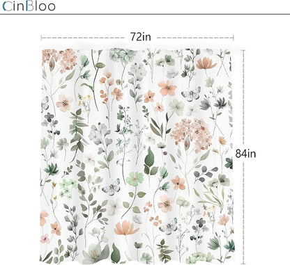 Extra Long Green Pink Floral Cute Wildflower Bathroom Shower Curtain Set | 72"W x 84"H Watercolor Boho; waterproof HD print, quick-dry fabric and plastic hooks for easy setup.